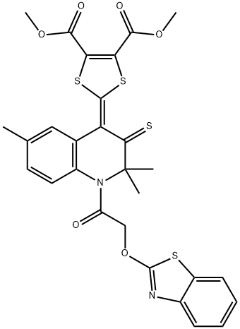 dimethyl 2-(1-[(1,3-benzothiazol-2-yloxy)acetyl]-2,2,6-trimethyl-3-thioxo-2,3-dihydro-4(1H)-quinolinylidene)-1,3-dithiole-4,5-dicarboxylate Struktur