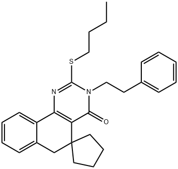 2-(butylsulfanyl)-3-(2-phenylethyl)-5,6-dihydrospiro(benzo[h]quinazoline-5,1'-cyclopentane)-4(3H)-one Struktur
