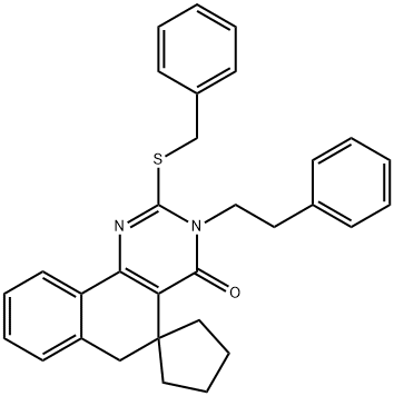 3-(2-phenylethyl)-2-[(phenylmethyl)sulfanyl]-5,6-dihydro-4(3H)-oxospiro(benzo[h]quinazoline-5,1'-cyclopentane) Struktur