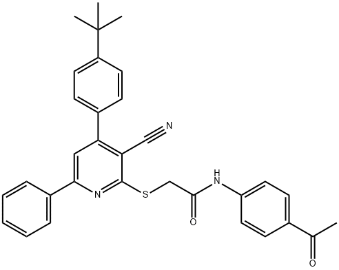 N-(4-acetylphenyl)-2-{[4-(4-tert-butylphenyl)-3-cyano-6-phenyl-2-pyridinyl]sulfanyl}acetamide Struktur
