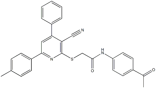 N-(4-acetylphenyl)-2-{[3-cyano-6-(4-methylphenyl)-4-phenyl-2-pyridinyl]sulfanyl}acetamide Struktur
