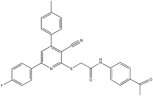 N-(4-acetylphenyl)-2-{[3-cyano-6-(4-fluorophenyl)-4-(4-methylphenyl)-2-pyridinyl]sulfanyl}acetamide Struktur