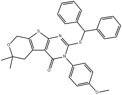 2-(benzhydrylsulfanyl)-3-(4-methoxyphenyl)-6,6-dimethyl-3,5,6,8-tetrahydro-4H-pyrano[4',3':4,5]thieno[2,3-d]pyrimidin-4-one Struktur
