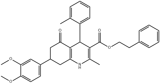 2-phenylethyl 7-(3,4-dimethoxyphenyl)-2-methyl-4-(2-methylphenyl)-5-oxo-1,4,5,6,7,8-hexahydro-3-quinolinecarboxylate Struktur