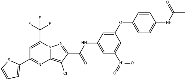 N-{3-[4-(acetylamino)phenoxy]-5-nitrophenyl}-3-chloro-5-(2-thienyl)-7-(trifluoromethyl)pyrazolo[1,5-a]pyrimidine-2-carboxamide Struktur