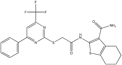 2-[({[4-phenyl-6-(trifluoromethyl)-2-pyrimidinyl]sulfanyl}acetyl)amino]-4,5,6,7-tetrahydro-1-benzothiophene-3-carboxamide Structure