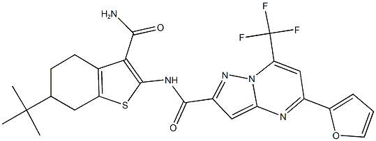 N-[3-(aminocarbonyl)-6-tert-butyl-4,5,6,7-tetrahydro-1-benzothien-2-yl]-5-(2-furyl)-7-(trifluoromethyl)pyrazolo[1,5-a]pyrimidine-2-carboxamide Struktur