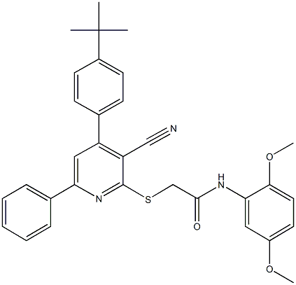 2-{[4-(4-tert-butylphenyl)-3-cyano-6-phenyl-2-pyridinyl]sulfanyl}-N-(2,5-dimethoxyphenyl)acetamide Struktur