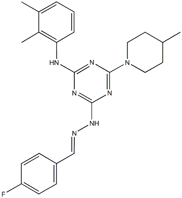4-fluorobenzaldehyde [4-(2,3-dimethylanilino)-6-(4-methyl-1-piperidinyl)-1,3,5-triazin-2-yl]hydrazone Struktur