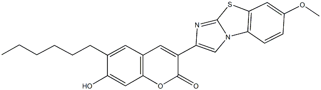 6-hexyl-7-hydroxy-3-(7-methoxyimidazo[2,1-b][1,3]benzothiazol-2-yl)-2H-chromen-2-one 结构式
