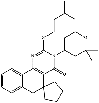 3-(2,2-dimethyltetrahydro-2H-pyran-4-yl)-2-(isopentylsulfanyl)-5,6-dihydrospiro(benzo[h]quinazoline-5,1'-cyclopentane)-4(3H)-one Struktur