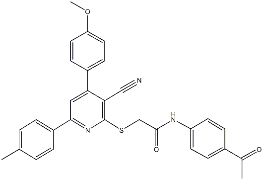 N-(4-acetylphenyl)-2-{[3-cyano-4-(4-methoxyphenyl)-6-(4-methylphenyl)-2-pyridinyl]sulfanyl}acetamide Struktur