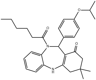 10-hexanoyl-11-(4-isopropoxyphenyl)-3,3-dimethyl-2,3,4,5,10,11-hexahydro-1H-dibenzo[b,e][1,4]diazepin-1-one 结构式