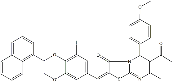 6-acetyl-2-[3-iodo-5-methoxy-4-(1-naphthylmethoxy)benzylidene]-5-(4-methoxyphenyl)-7-methyl-5H-[1,3]thiazolo[3,2-a]pyrimidin-3(2H)-one Struktur