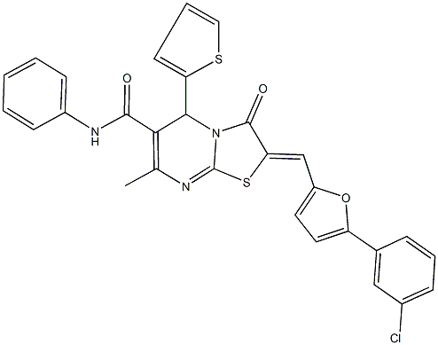 2-{[5-(3-chlorophenyl)-2-furyl]methylene}-7-methyl-3-oxo-N-phenyl-5-(2-thienyl)-2,3-dihydro-5H-[1,3]thiazolo[3,2-a]pyrimidine-6-carboxamide Struktur
