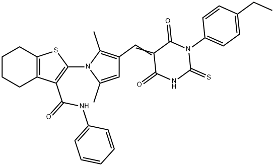2-{3-[(1-(4-ethylphenyl)-4,6-dioxo-2-thioxotetrahydro-5(2H)-pyrimidinylidene)methyl]-2,5-dimethyl-1H-pyrrol-1-yl}-N-phenyl-4,5,6,7-tetrahydro-1-benzothiophene-3-carboxamide,340308-45-4,结构式
