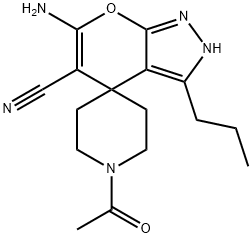 1'-acetyl-6-amino-5-cyano-3-propyl-2,4-dihydrospiro[pyrano[2,3-c]pyrazole-4,4'-piperidine] Struktur