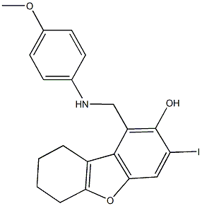 3-iodo-1-[(4-methoxyanilino)methyl]-6,7,8,9-tetrahydrodibenzo[b,d]furan-2-ol Structure