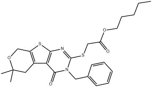 pentyl [(3-benzyl-6,6-dimethyl-4-oxo-3,5,6,8-tetrahydro-4H-pyrano[4',3':4,5]thieno[2,3-d]pyrimidin-2-yl)sulfanyl]acetate 化学構造式