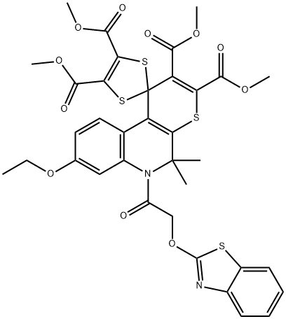 tetramethyl 6'-[(1,3-benzothiazol-2-yloxy)acetyl]-9'-ethoxy-5',5'-dimethyl-5',6'-dihydrospiro[1,3-dithiole-2,1'-(1'H)-thiopyrano[2,3-c]quinoline]-2',3',4,5-tetracarboxylate Struktur
