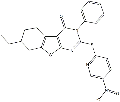 7-ethyl-2-({5-nitro-2-pyridinyl}sulfanyl)-3-phenyl-5,6,7,8-tetrahydro[1]benzothieno[2,3-d]pyrimidin-4(3H)-one Struktur