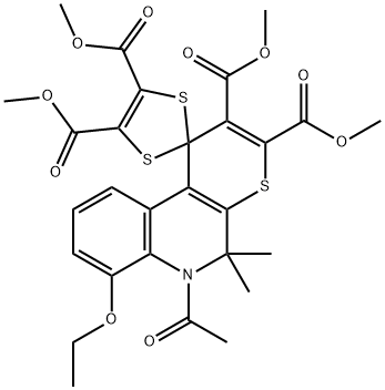 tetramethyl 6'-acetyl-7'-ethoxy-5',5'-dimethyl-5',6'-dihydrospiro[1,3-dithiole-2,1'-(1'H)-thiopyrano[2,3-c]quinoline]-2',3',4,5-tetracarboxylate Struktur