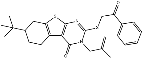 7-tert-butyl-3-(2-methyl-2-propenyl)-2-[(2-oxo-2-phenylethyl)sulfanyl]-5,6,7,8-tetrahydro[1]benzothieno[2,3-d]pyrimidin-4(3H)-one Struktur