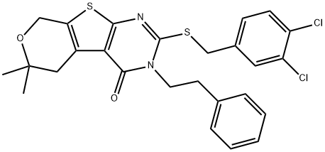 2-[(3,4-dichlorobenzyl)sulfanyl]-6,6-dimethyl-3-(2-phenylethyl)-3,5,6,8-tetrahydro-4H-pyrano[4',3':4,5]thieno[2,3-d]pyrimidin-4-one Struktur
