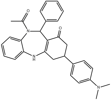 10-acetyl-3-[4-(dimethylamino)phenyl]-11-phenyl-2,3,4,5,10,11-hexahydro-1H-dibenzo[b,e][1,4]diazepin-1-one Struktur