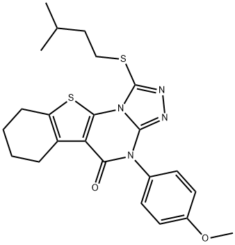 1-(isopentylsulfanyl)-4-(4-methoxyphenyl)-6,7,8,9-tetrahydro[1]benzothieno[3,2-e][1,2,4]triazolo[4,3-a]pyrimidin-5(4H)-one Struktur