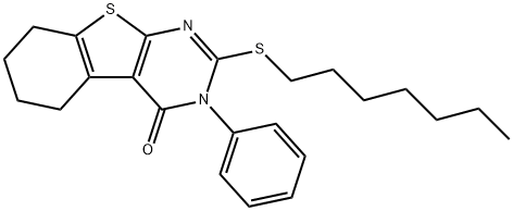 2-(heptylsulfanyl)-3-phenyl-5,6,7,8-tetrahydro[1]benzothieno[2,3-d]pyrimidin-4(3H)-one Structure