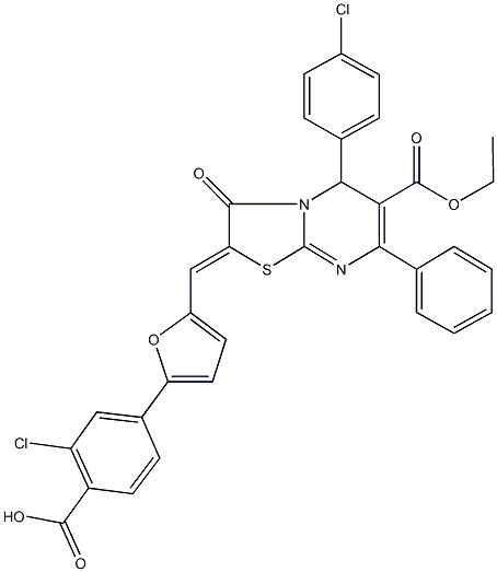 2-chloro-4-{5-[(5-(4-chlorophenyl)-6-(ethoxycarbonyl)-3-oxo-7-phenyl-5H-[1,3]thiazolo[3,2-a]pyrimidin-2(3H)-ylidene)methyl]-2-furyl}benzoic acid Struktur