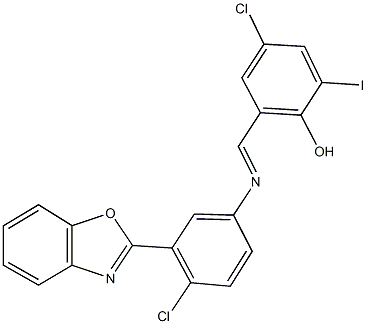 2-({[3-(1,3-benzoxazol-2-yl)-4-chlorophenyl]imino}methyl)-4-chloro-6-iodophenol Struktur