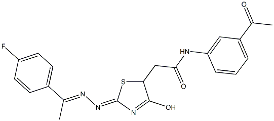 N-(3-acetylphenyl)-2-(2-{[1-(4-fluorophenyl)ethylidene]hydrazono}-4-hydroxy-2,5-dihydro-1,3-thiazol-5-yl)acetamide Struktur