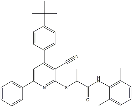 2-{[4-(4-tert-butylphenyl)-3-cyano-6-phenyl-2-pyridinyl]sulfanyl}-N-(2,6-dimethylphenyl)propanamide 化学構造式