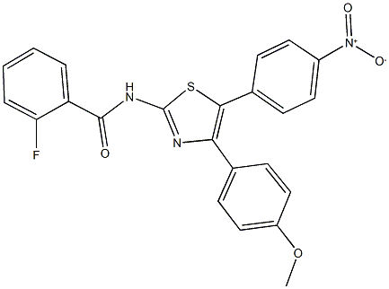 2-fluoro-N-[5-{4-nitrophenyl}-4-(4-methoxyphenyl)-1,3-thiazol-2-yl]benzamide Struktur