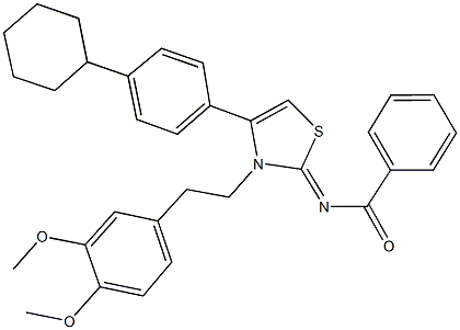N-(4-(4-cyclohexylphenyl)-3-[2-(3,4-dimethoxyphenyl)ethyl]-1,3-thiazol-2(3H)-ylidene)benzamide 化学構造式
