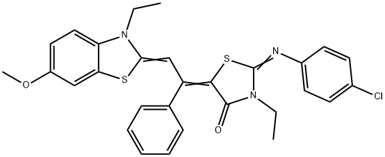 2-[(4-chlorophenyl)imino]-3-ethyl-5-[2-(3-ethyl-6-methoxy-1,3-benzothiazol-2(3H)-ylidene)-1-phenylethylidene]-1,3-thiazolidin-4-one,352638-87-0,结构式