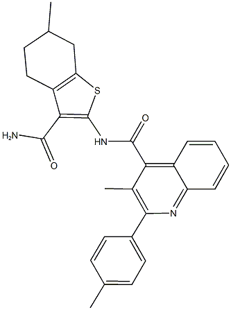 N-[3-(aminocarbonyl)-6-methyl-4,5,6,7-tetrahydro-1-benzothien-2-yl]-3-methyl-2-(4-methylphenyl)-4-quinolinecarboxamide Struktur