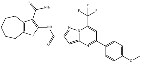 N-[3-(aminocarbonyl)-5,6,7,8-tetrahydro-4H-cyclohepta[b]thien-2-yl]-5-(4-methoxyphenyl)-7-(trifluoromethyl)pyrazolo[1,5-a]pyrimidine-2-carboxamide 结构式