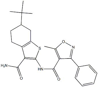 N-[3-(aminocarbonyl)-6-tert-butyl-4,5,6,7-tetrahydro-1-benzothien-2-yl]-5-methyl-3-phenyl-4-isoxazolecarboxamide Struktur