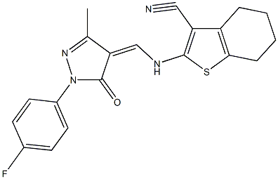 2-({[1-(4-fluorophenyl)-3-methyl-5-oxo-1,5-dihydro-4H-pyrazol-4-ylidene]methyl}amino)-4,5,6,7-tetrahydro-1-benzothiophene-3-carbonitrile Struktur