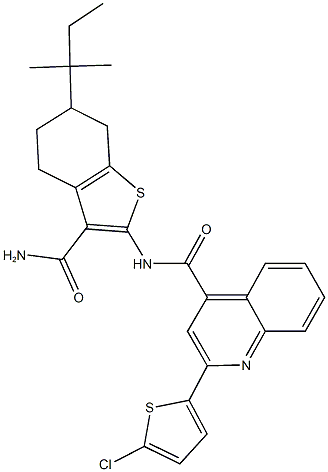 N-[3-(aminocarbonyl)-6-tert-pentyl-4,5,6,7-tetrahydro-1-benzothien-2-yl]-2-(5-chloro-2-thienyl)-4-quinolinecarboxamide Struktur