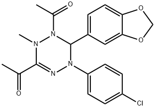 1-[1-acetyl-6-(1,3-benzodioxol-5-yl)-5-(4-chlorophenyl)-2-methyl-1,2,5,6-tetrahydro-1,2,4,5-tetraazin-3-yl]ethanone 化学構造式