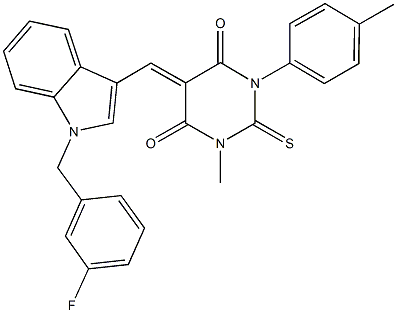 5-{[1-(3-fluorobenzyl)-1H-indol-3-yl]methylene}-1-methyl-3-(4-methylphenyl)-2-thioxodihydro-4,6(1H,5H)-pyrimidinedione Structure