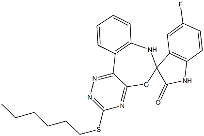5-fluoro-3'-(hexylsulfanyl)-1,3,6',7'-tetrahydrospiro(2H-indole-3,6'-[1,2,4]triazino[5,6-d][3,1]benzoxazepine)-2-one Struktur