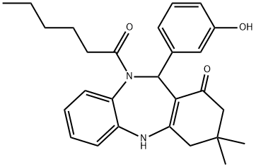 10-hexanoyl-11-(3-hydroxyphenyl)-3,3-dimethyl-2,3,4,5,10,11-hexahydro-1H-dibenzo[b,e][1,4]diazepin-1-one 结构式