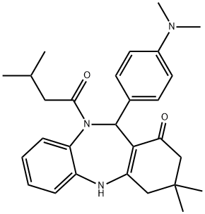 11-[4-(dimethylamino)phenyl]-3,3-dimethyl-10-(3-methylbutanoyl)-2,3,4,5,10,11-hexahydro-1H-dibenzo[b,e][1,4]diazepin-1-one Struktur