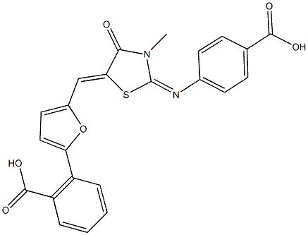 2-[5-({2-[(4-carboxyphenyl)imino]-3-methyl-4-oxo-1,3-thiazolidin-5-ylidene}methyl)-2-furyl]benzoic acid Struktur
