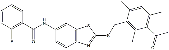 N-{2-[(3-acetyl-2,4,6-trimethylbenzyl)sulfanyl]-1,3-benzothiazol-6-yl}-2-fluorobenzamide Structure